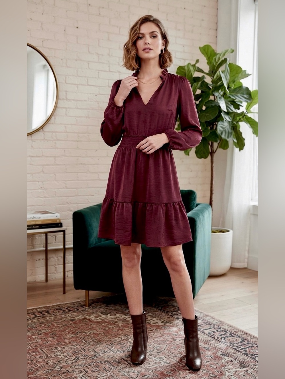 Lucky Brand Burgundy V-Neck Long Sleeve Tiered Dress